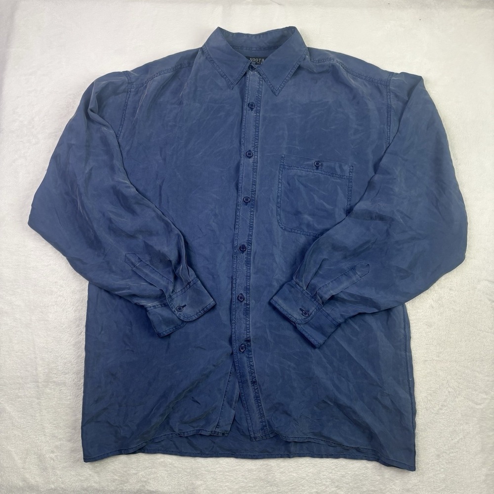 VTG Sooth Silk Blue Button Up Long Sleeve Collared Shirt Men's Large